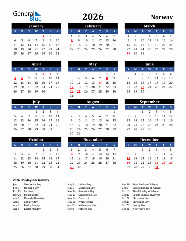 2026 Norway Holiday Calendar