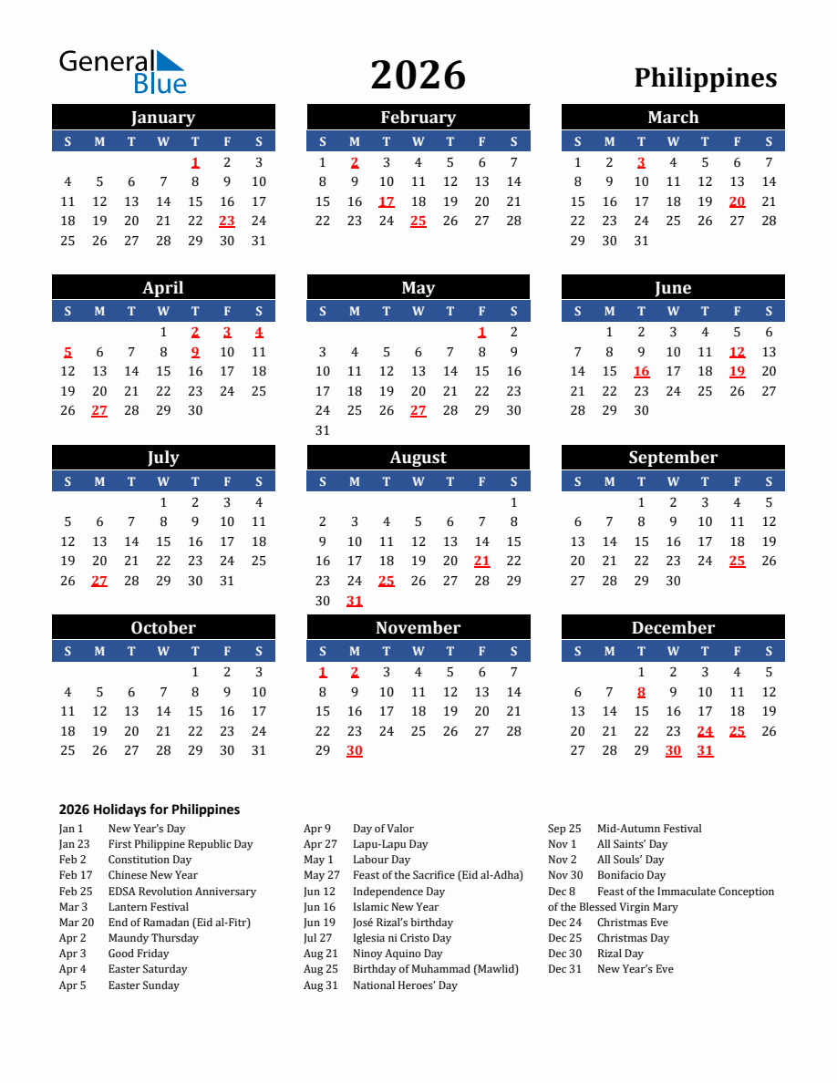 2026 Philippines Holiday Calendar