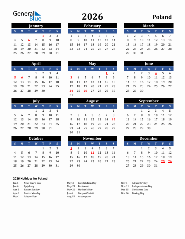 2026 Poland Holiday Calendar