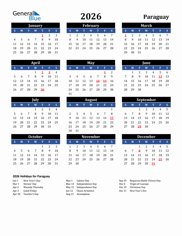 2026 Paraguay Holiday Calendar