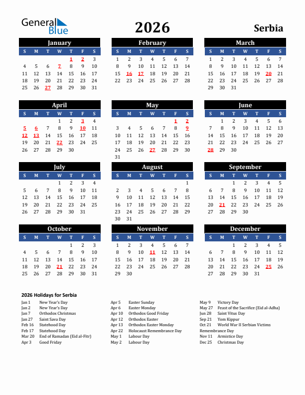 2026 Serbia Holiday Calendar
