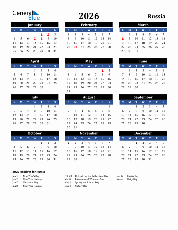 2026 Russia Holiday Calendar