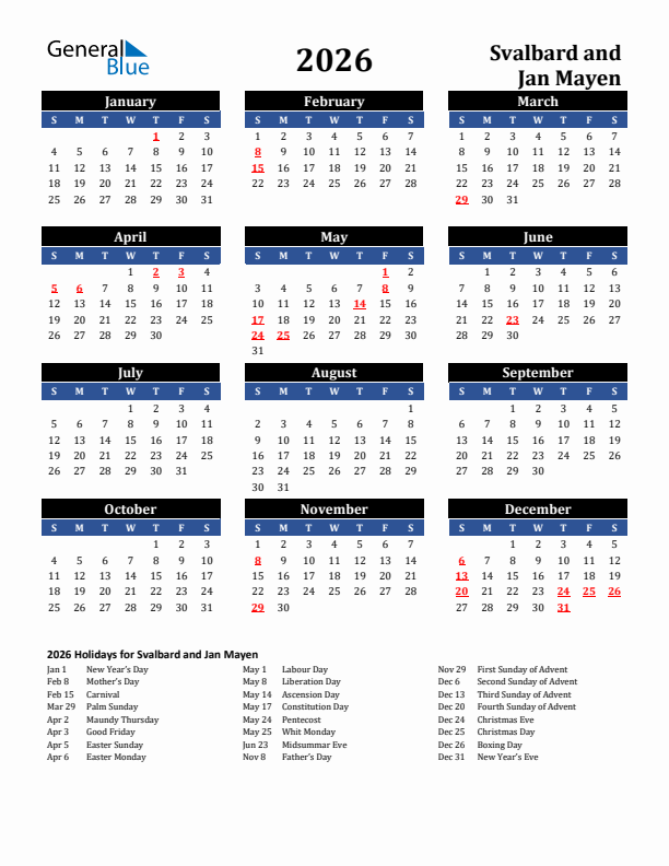 2026 Svalbard and Jan Mayen Holiday Calendar