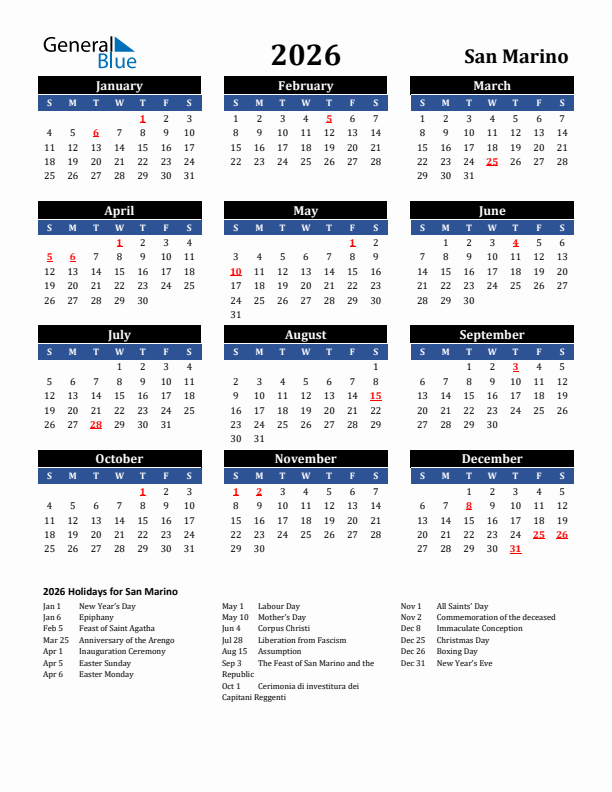 2026 San Marino Holiday Calendar