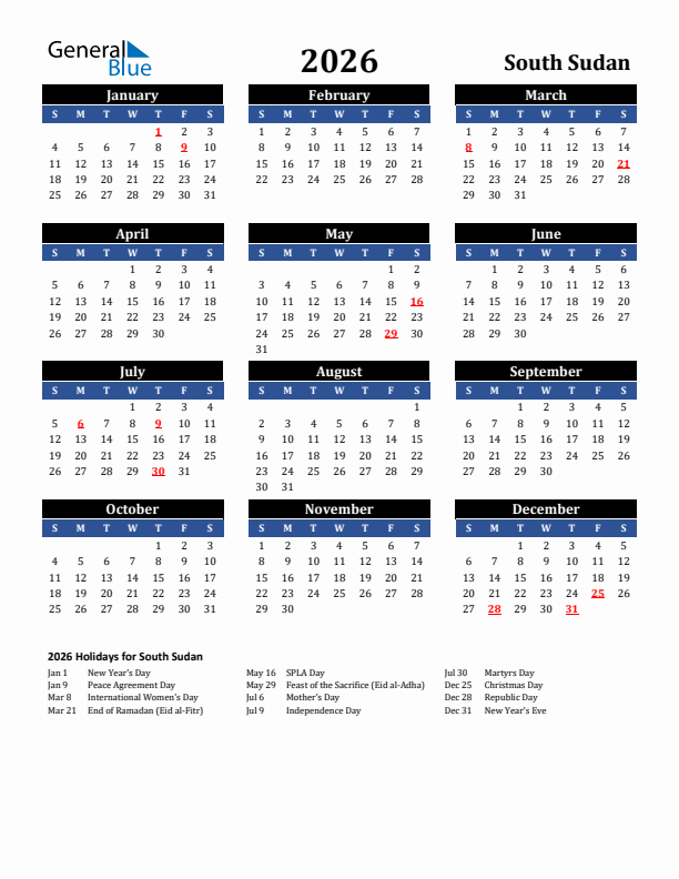 2026 South Sudan Holiday Calendar
