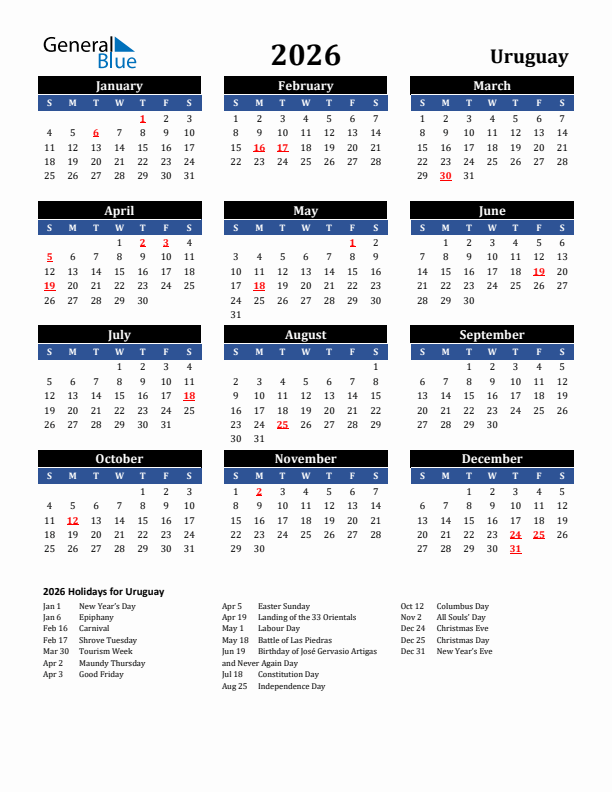 2026 Uruguay Holiday Calendar