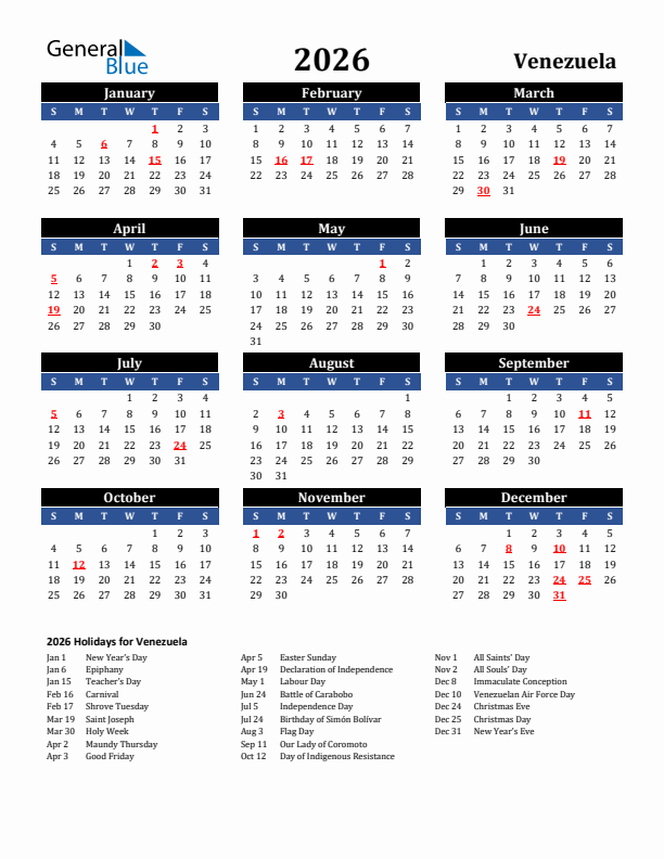 2026 Venezuela Holiday Calendar