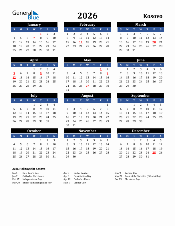 2026 Kosovo Holiday Calendar