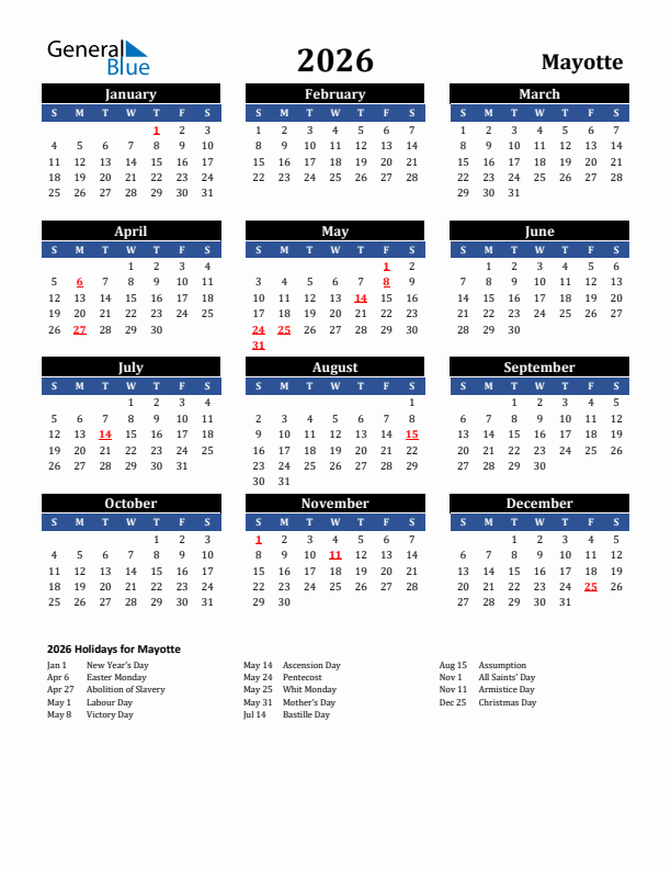 2026 Mayotte Holiday Calendar