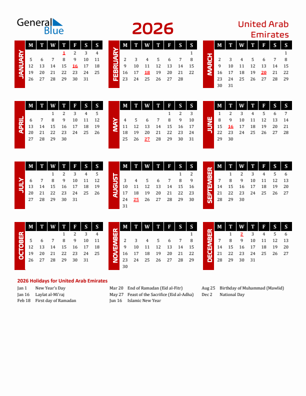 Download United Arab Emirates 2026 Calendar - Monday Start