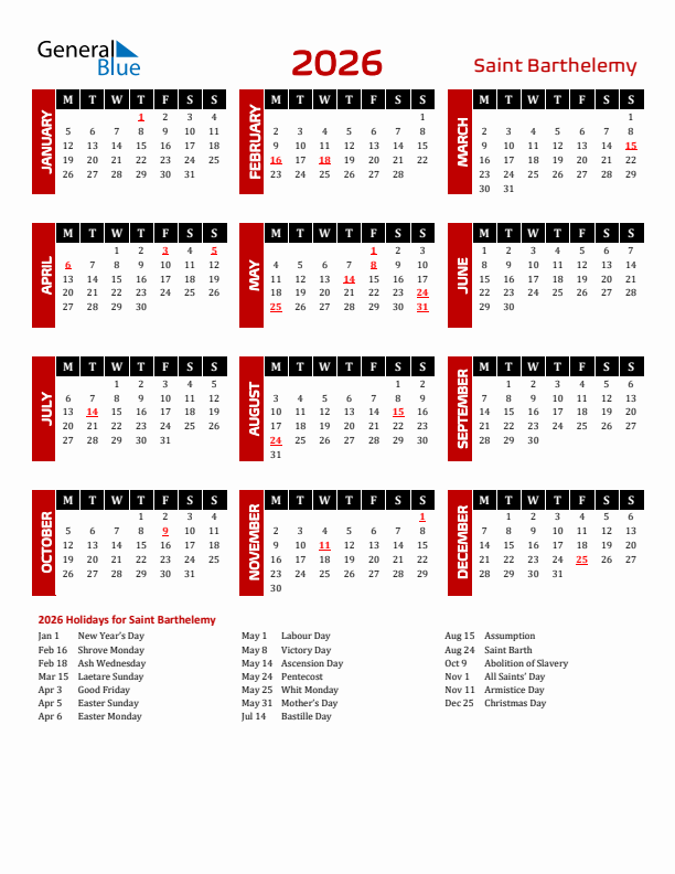 Download Saint Barthelemy 2026 Calendar - Monday Start