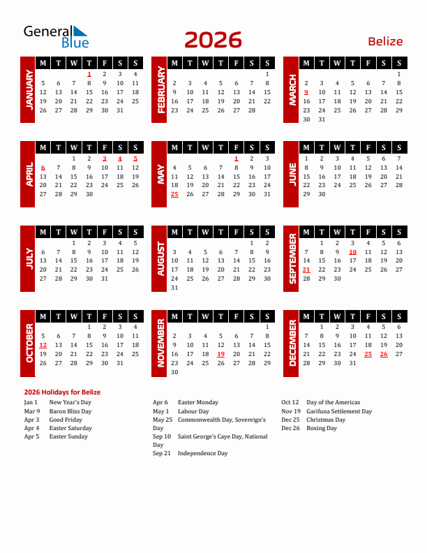 Download Belize 2026 Calendar - Monday Start