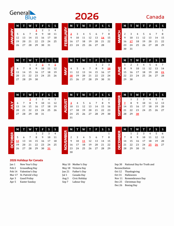 Download Canada 2026 Calendar - Monday Start