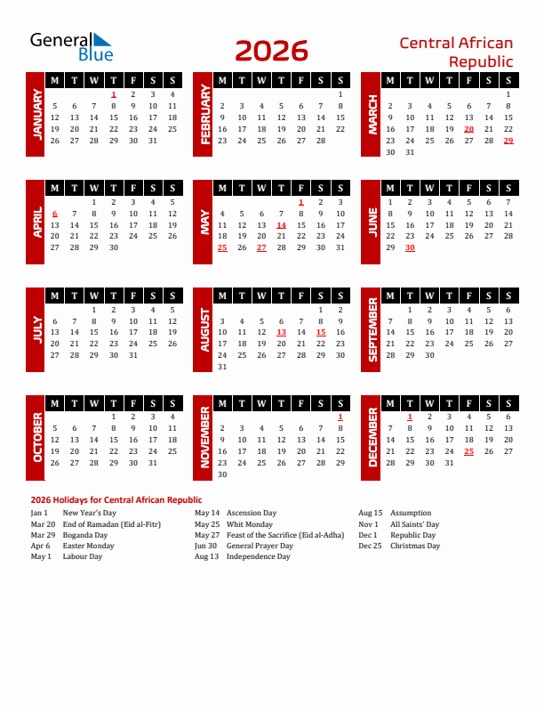 Download Central African Republic 2026 Calendar - Monday Start