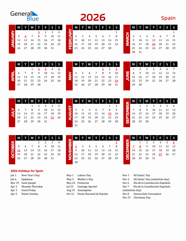 Download Spain 2026 Calendar - Monday Start