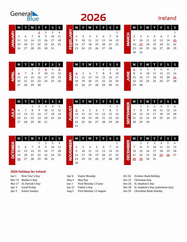 Download Ireland 2026 Calendar - Monday Start