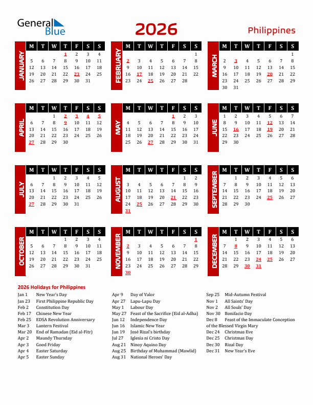Download Philippines 2026 Calendar - Monday Start