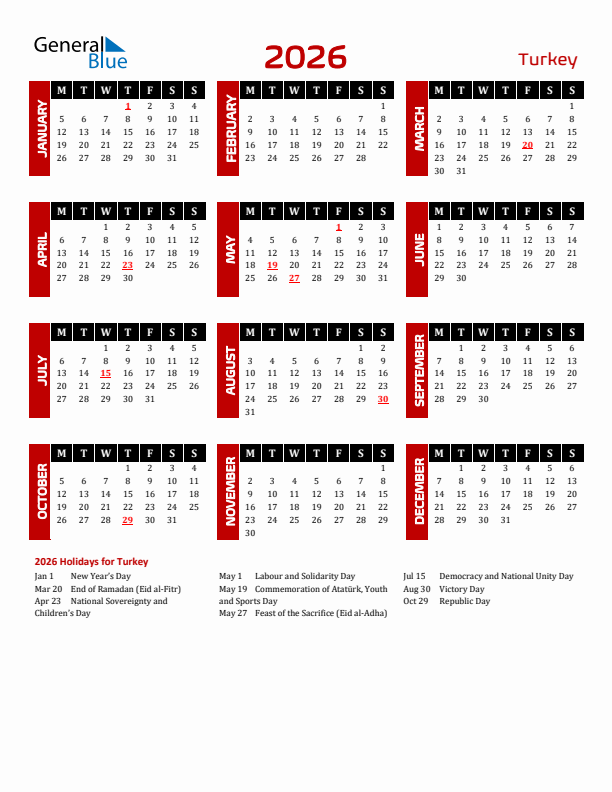 Download Turkey 2026 Calendar - Monday Start
