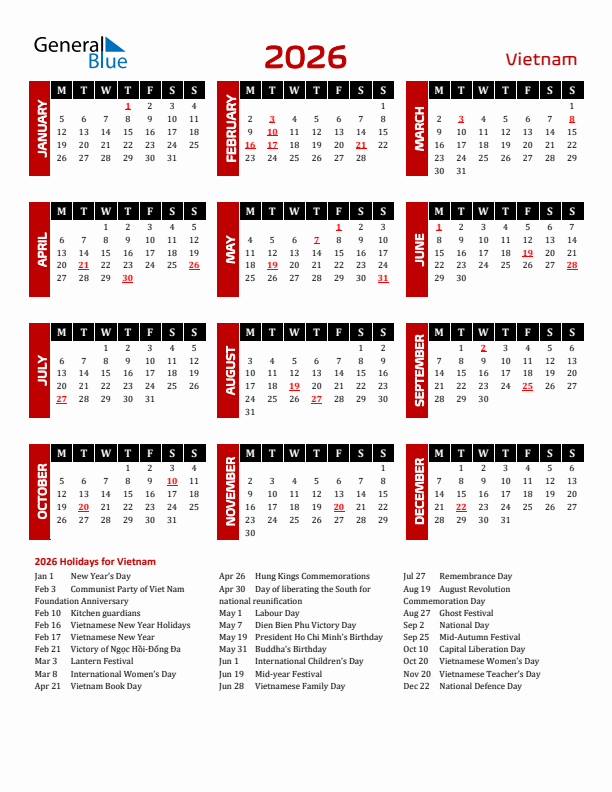 Download Vietnam 2026 Calendar - Monday Start