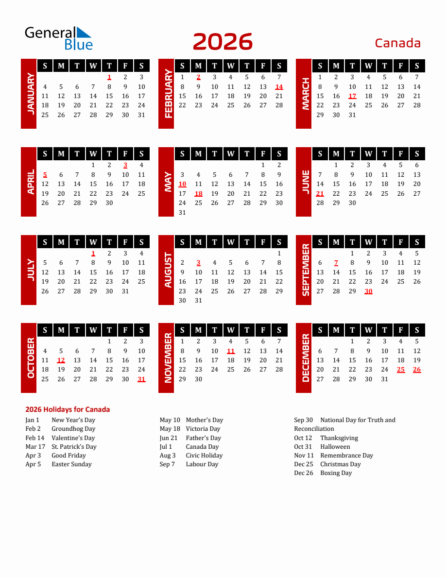 Canada 2026 Yearly Calendar Downloadable