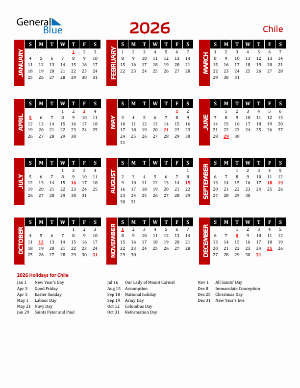 Download Chile 2026 Calendar - Sunday Start