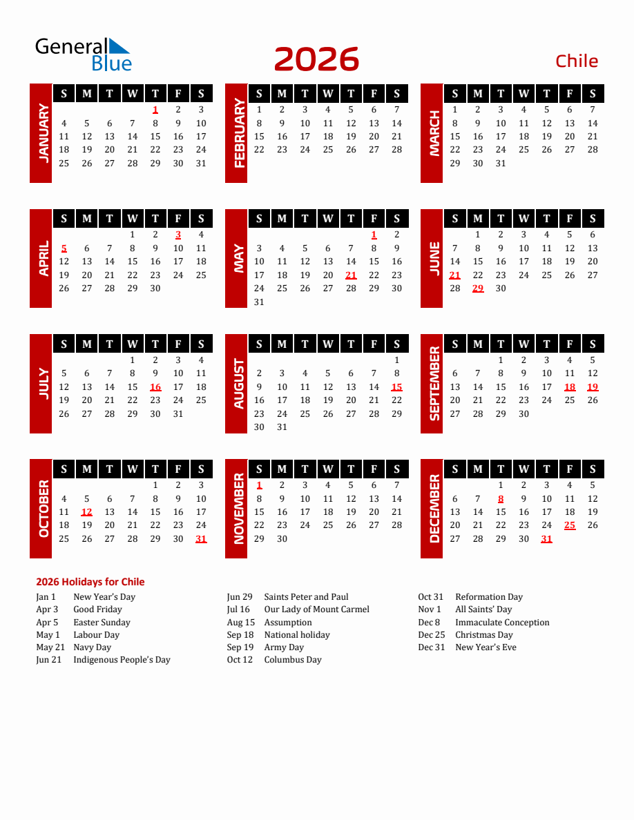 Chile 2026 Yearly Calendar Downloadable