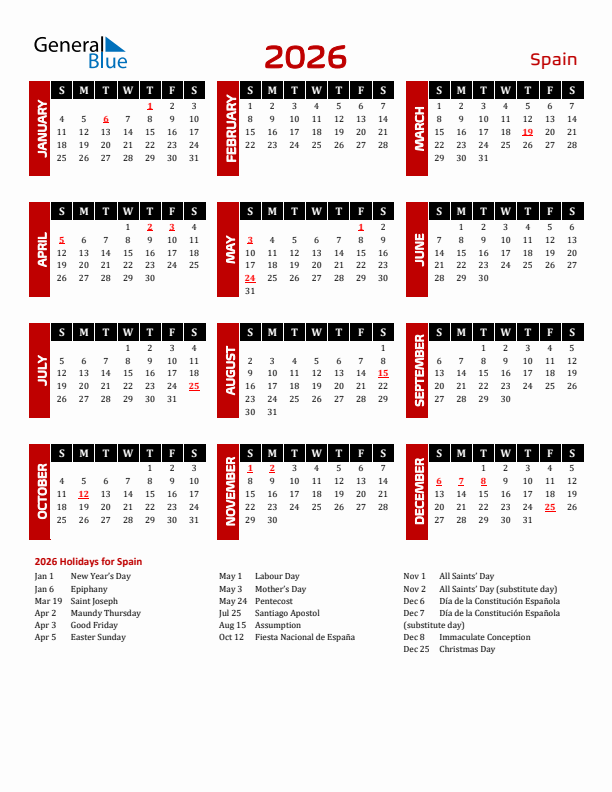 Download Spain 2026 Calendar - Sunday Start