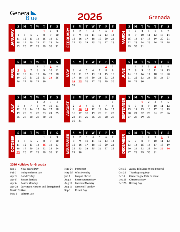 Download Grenada 2026 Calendar - Sunday Start
