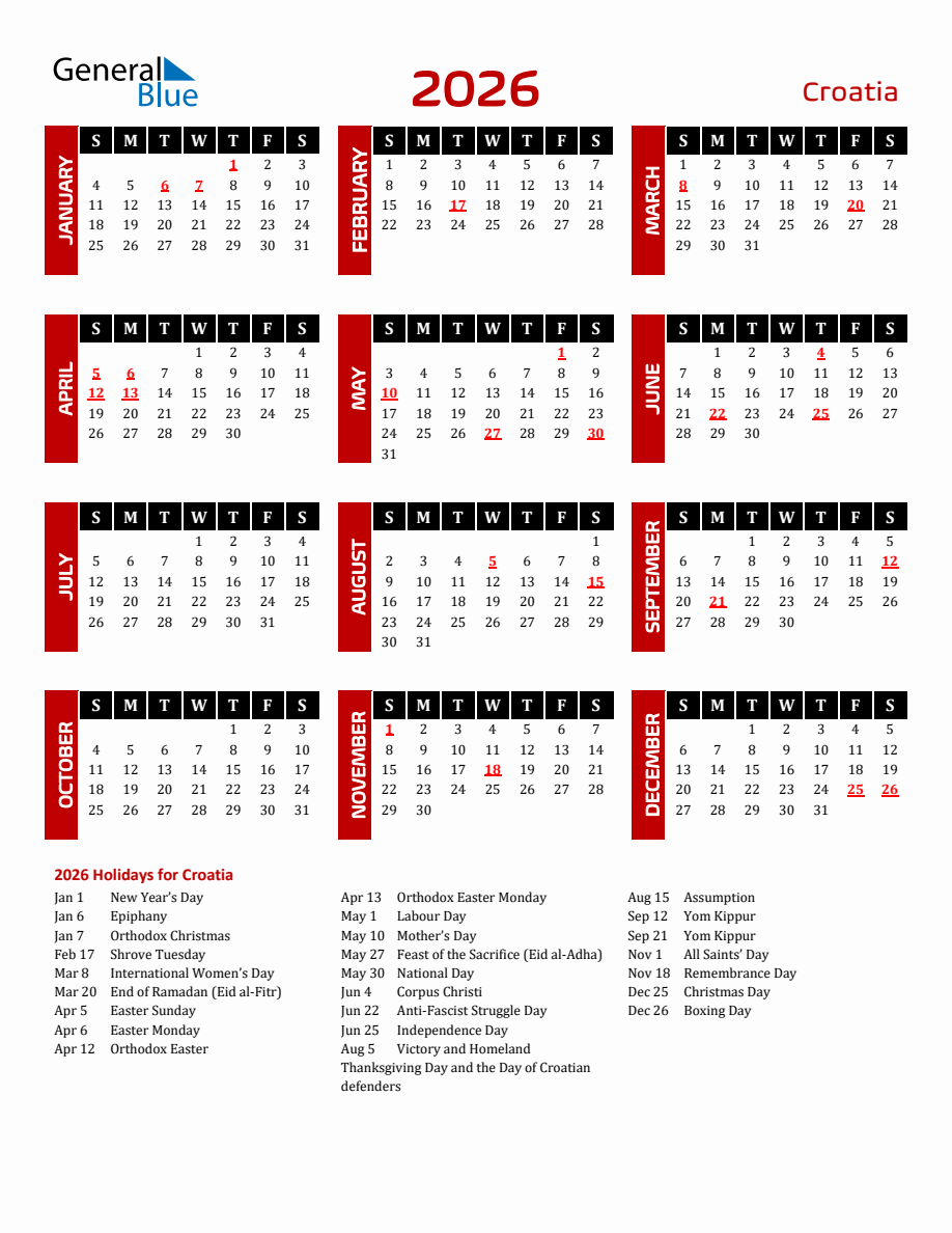 Croatia 2026 Yearly Calendar Downloadable