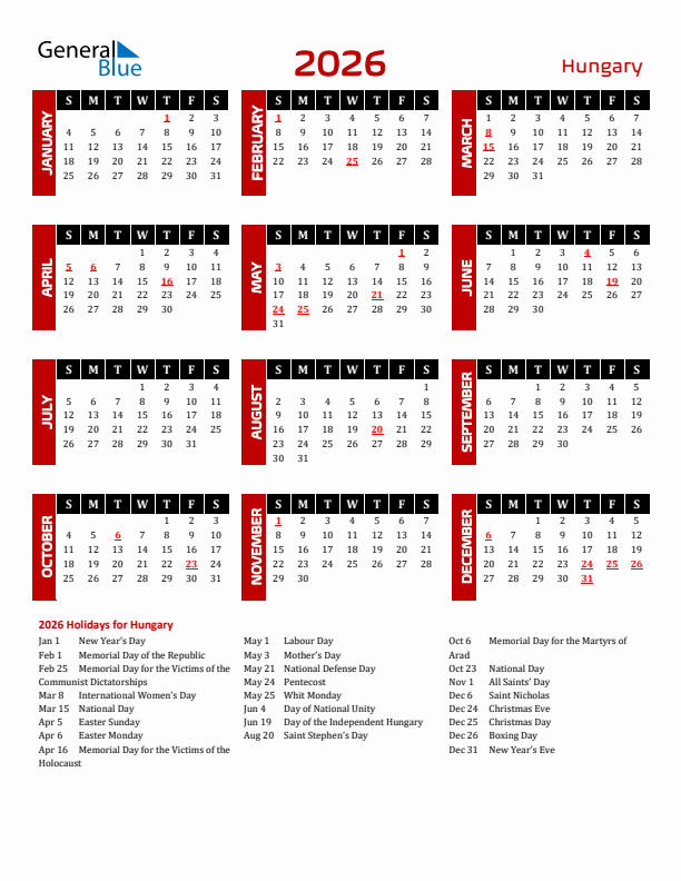 Download Hungary 2026 Calendar - Sunday Start