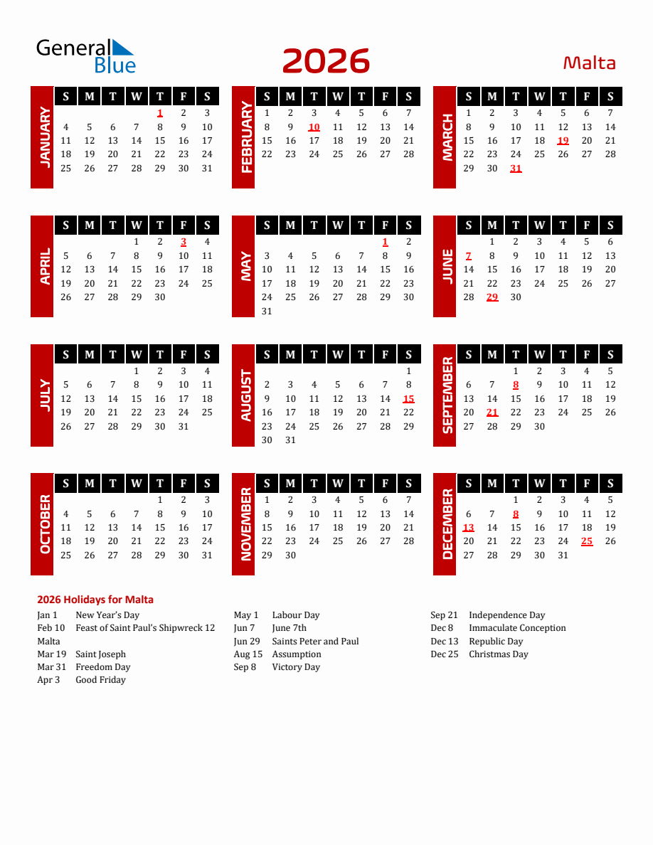 Malta 2026 Yearly Calendar Downloadable