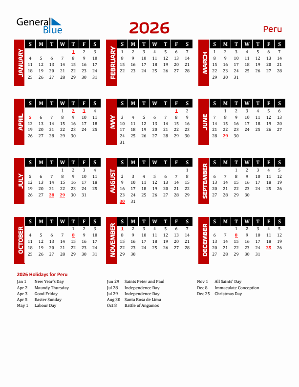 Download Peru 2026 Calendar - Sunday Start