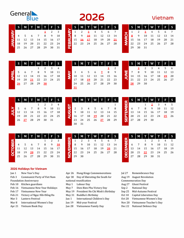 Download Vietnam 2026 Calendar - Sunday Start