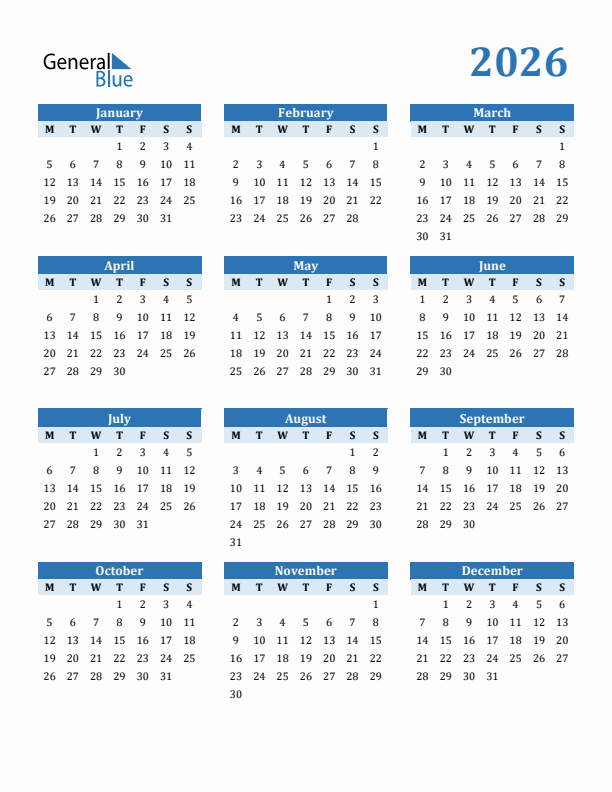 2026 Year Calendar with Monday Start