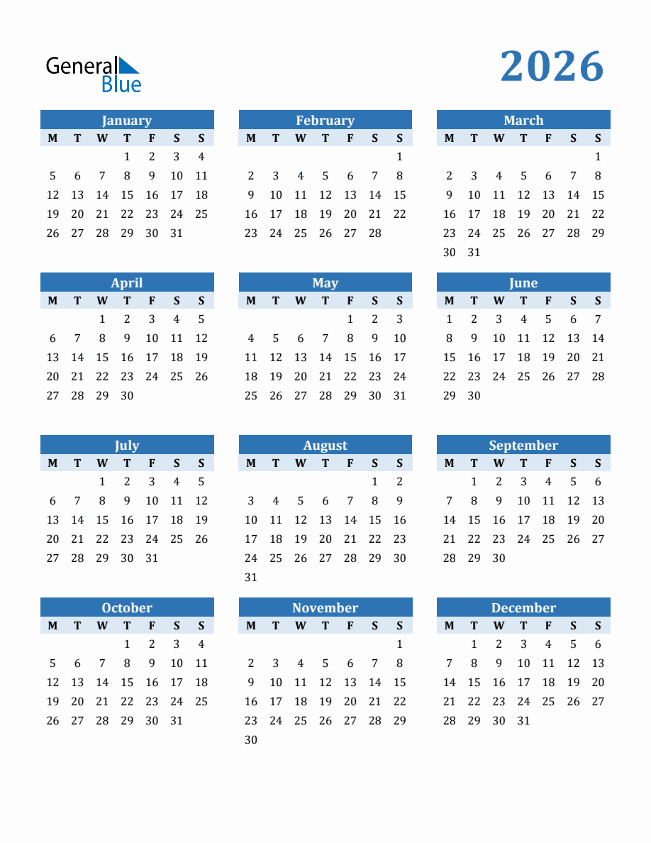 Free 2026 Year Calendar in PDF, Word, and Excel