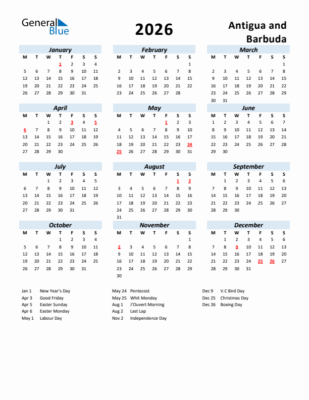 2026 Calendar for Antigua and Barbuda with Holidays
