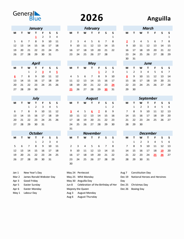 2026 Calendar for Anguilla with Holidays