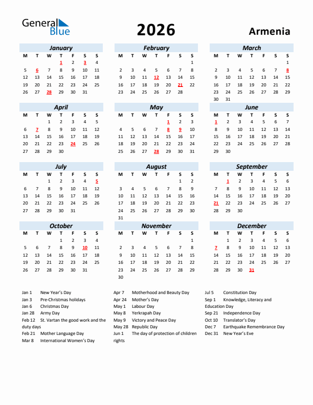 2026 Calendar for Armenia with Holidays