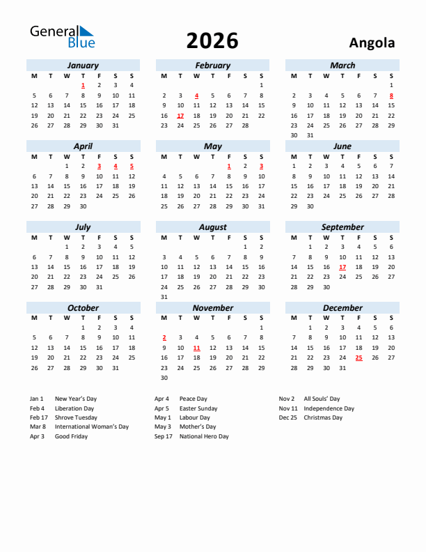 2026 Calendar for Angola with Holidays