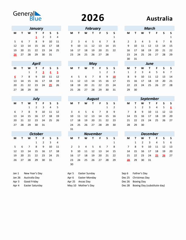 2026 Calendar for Australia with Holidays