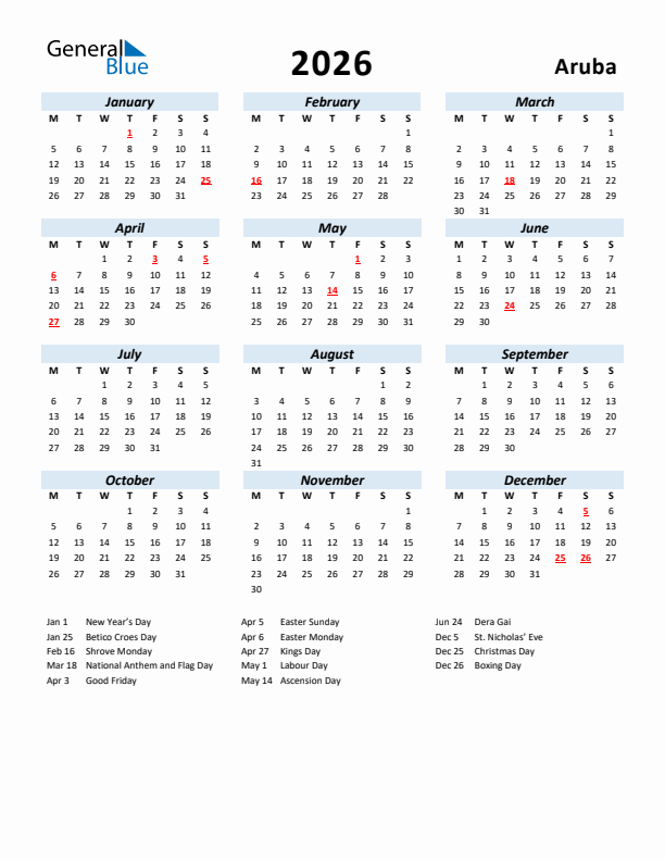 2026 Calendar for Aruba with Holidays