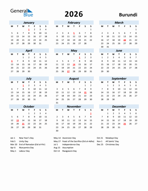2026 Calendar for Burundi with Holidays