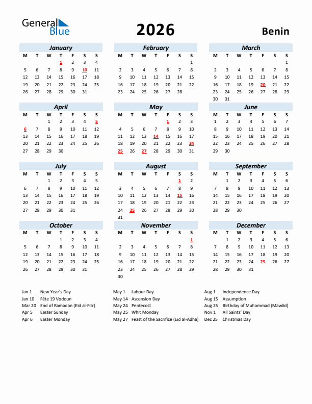 2026 Calendar for Benin with Holidays