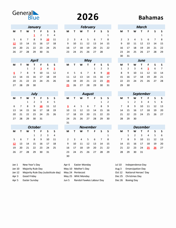 2026 Calendar for Bahamas with Holidays
