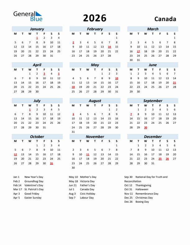 2026 Calendar for Canada with Holidays