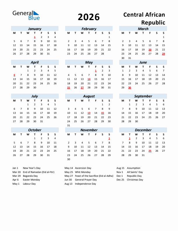 2026 Calendar for Central African Republic with Holidays
