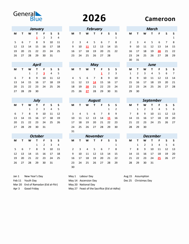2026 Calendar for Cameroon with Holidays