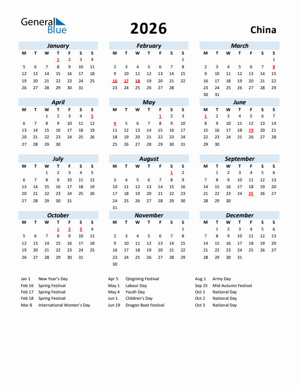 2026 Calendar for China with Holidays