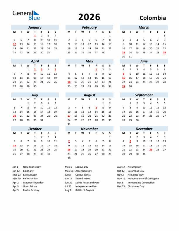 2026 Calendar for Colombia with Holidays