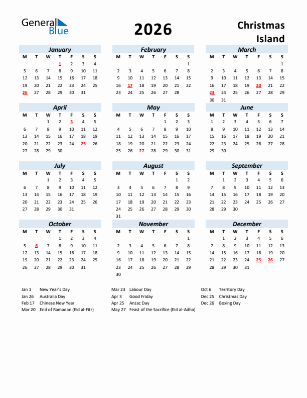 2026 Calendar for Christmas Island with Holidays